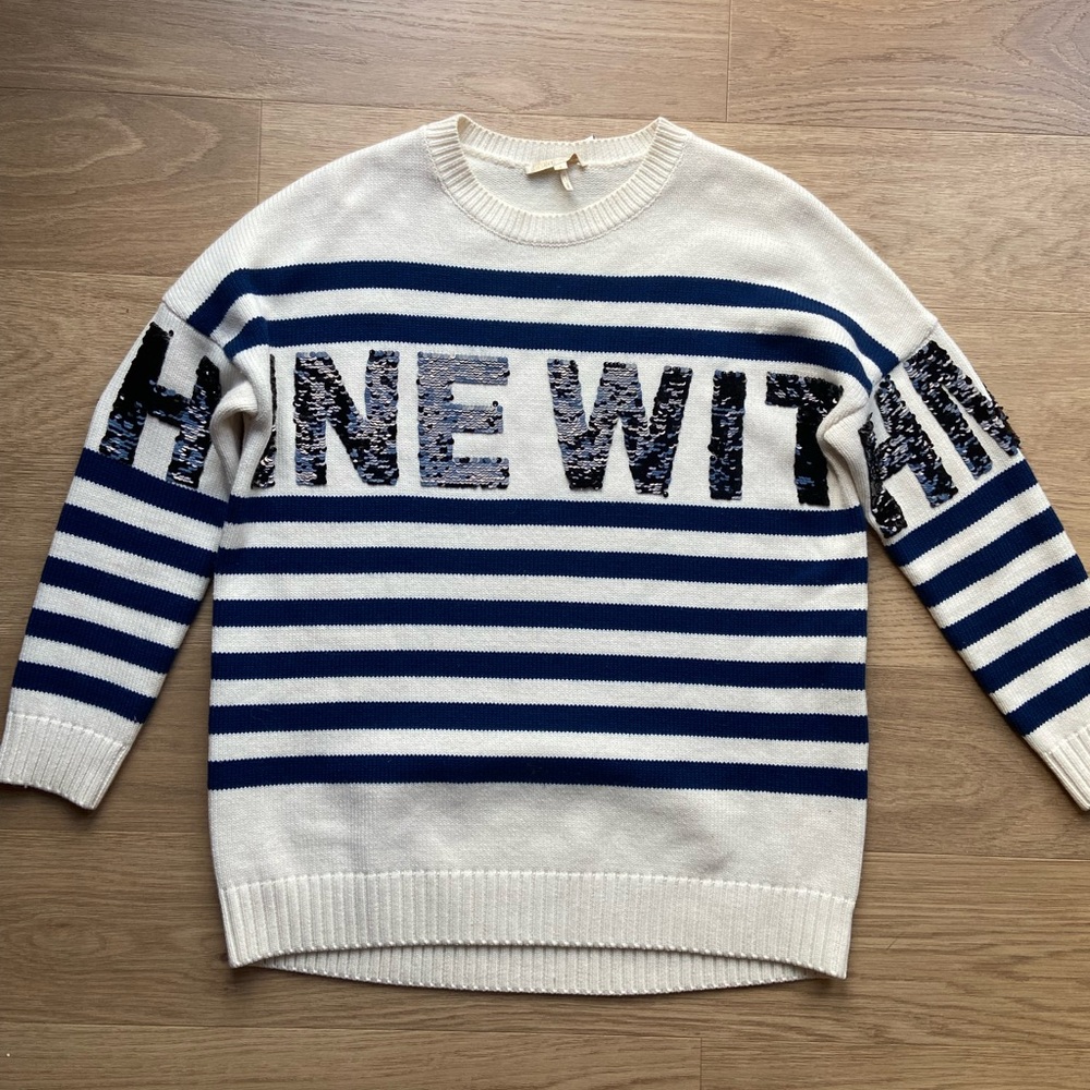 Maje Mystica S Shine with Me Striped Wool Pullover Sweater White Blue  Sz 1